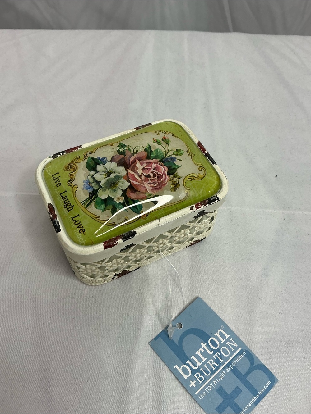 0007 - burton + BURTON White Floral Metal Trinket Box with Green Rose Lid